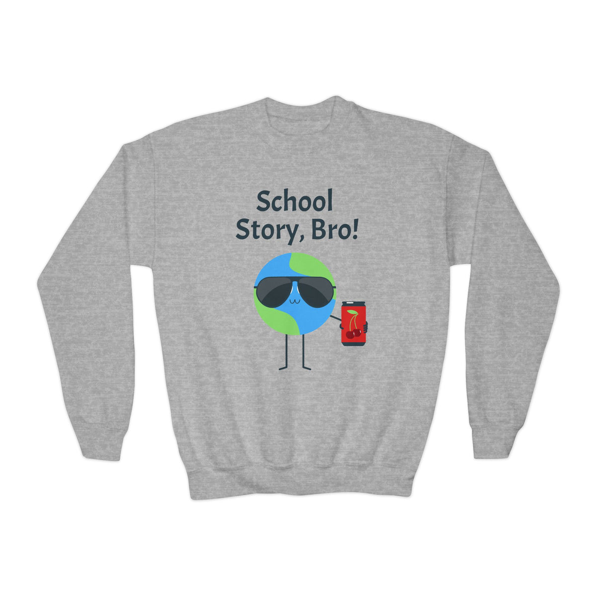 Youth Crewneck Sweatshirt — "School Story, Bro!" Earth Character with Soda | Slate & Social Back