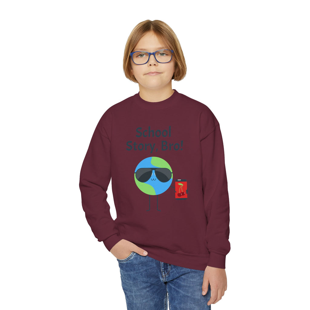 Youth Crewneck Sweatshirt — "School Story, Bro!" Earth Character with Soda | Slate & Social Back