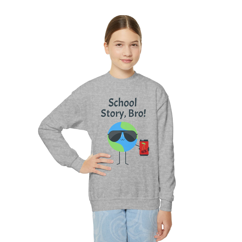 Youth Crewneck Sweatshirt — "School Story, Bro!" Earth Character with Soda | Slate & Social Back
