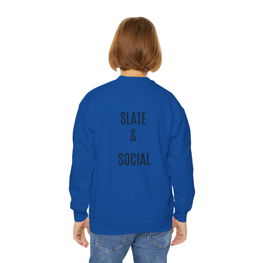 Youth Crewneck Sweatshirt — "School Story, Bro!" Earth Character with Soda | Slate & Social Back