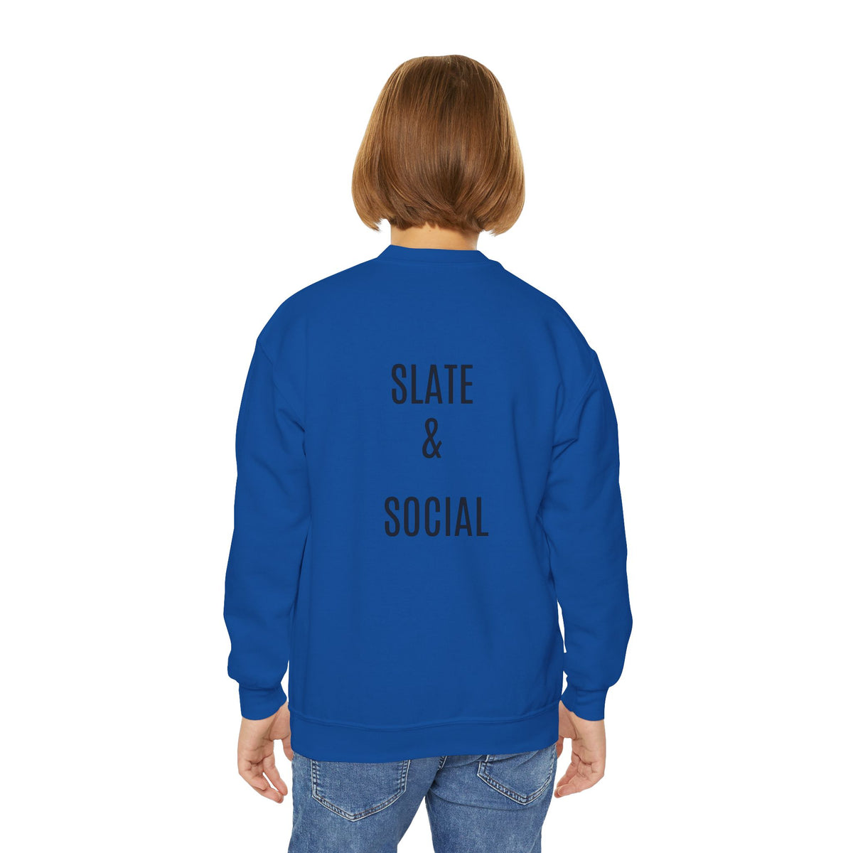 Youth Crewneck Sweatshirt — "School Story, Bro!" Earth Character with Soda | Slate & Social Back