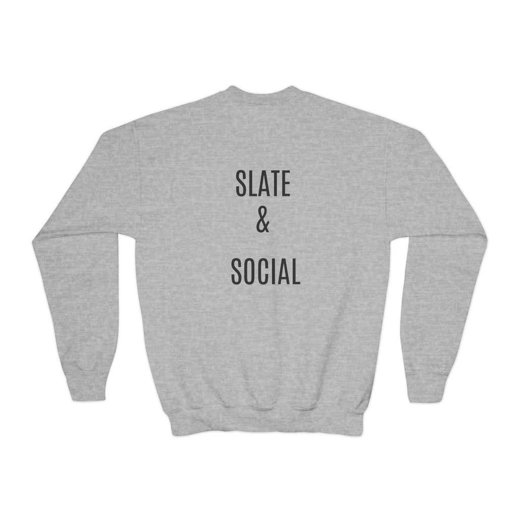 Youth Crewneck Sweatshirt — "School Story, Bro!" Earth Character with Soda | Slate & Social Back