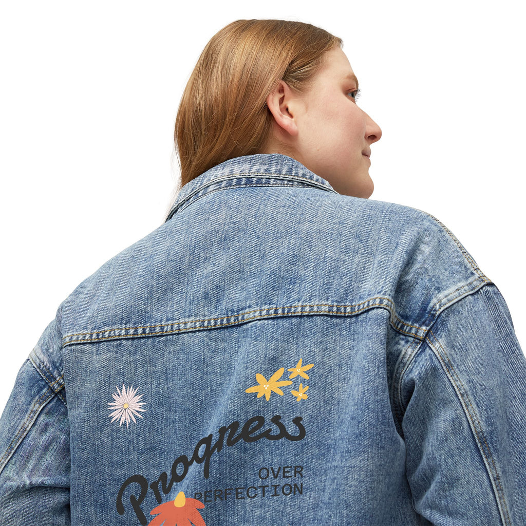 Women's Denim Jacket with Embroidered Progress Floral Design