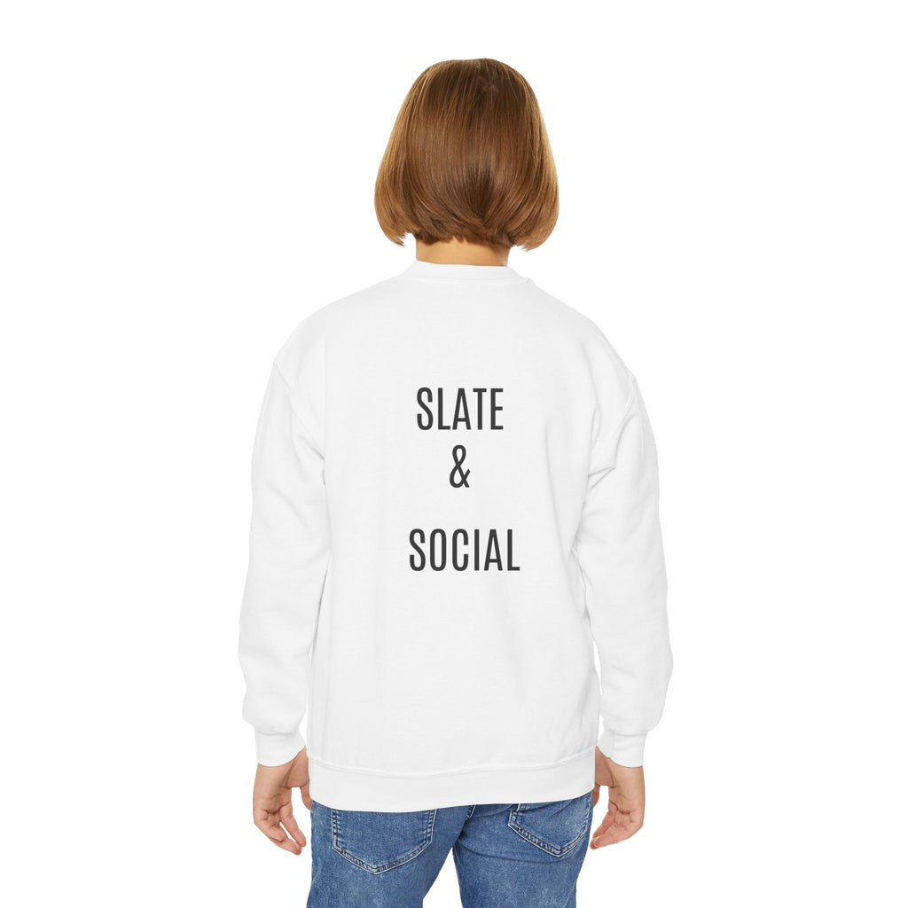 Youth Crewneck Sweatshirt — "School Story, Bro!" Earth Character with Soda | Slate & Social Back