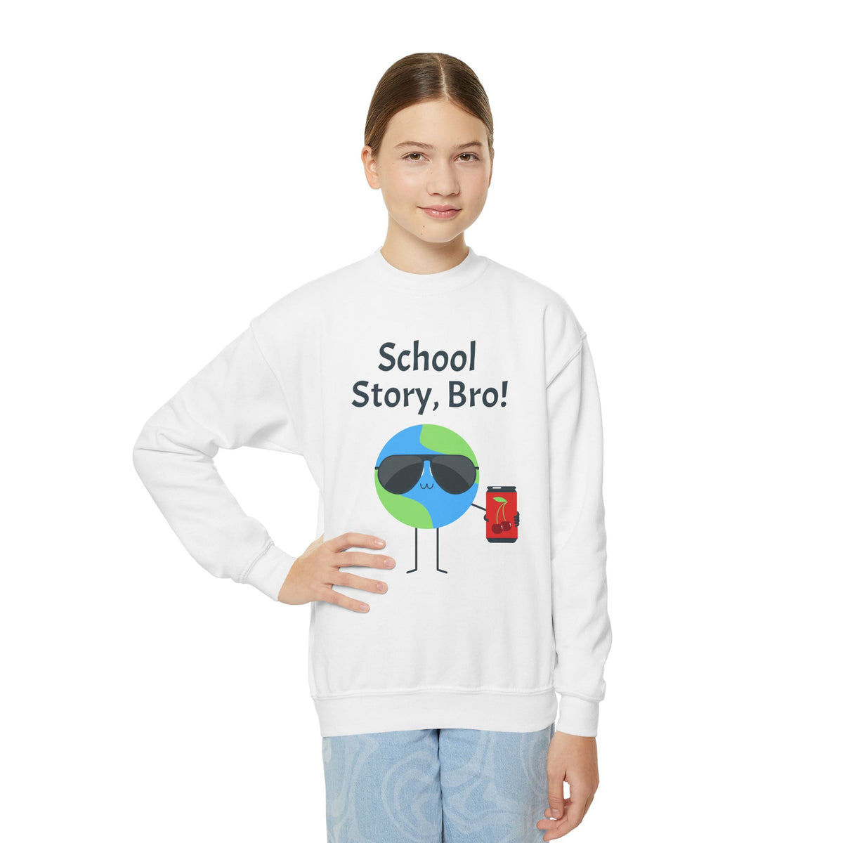 Youth Crewneck Sweatshirt — "School Story, Bro!" Earth Character with Soda | Slate & Social Back
