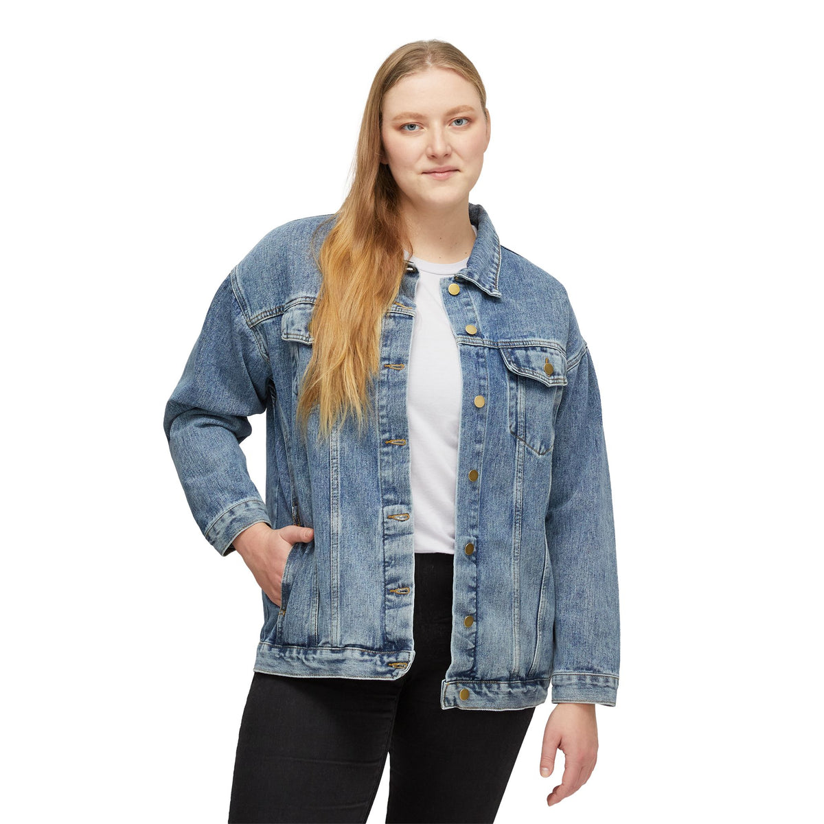 Women's Denim Jacket with Embroidered Progress Floral Design