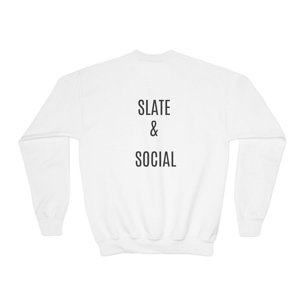 Youth Crewneck Sweatshirt — "School Story, Bro!" Earth Character with Soda | Slate & Social Back
