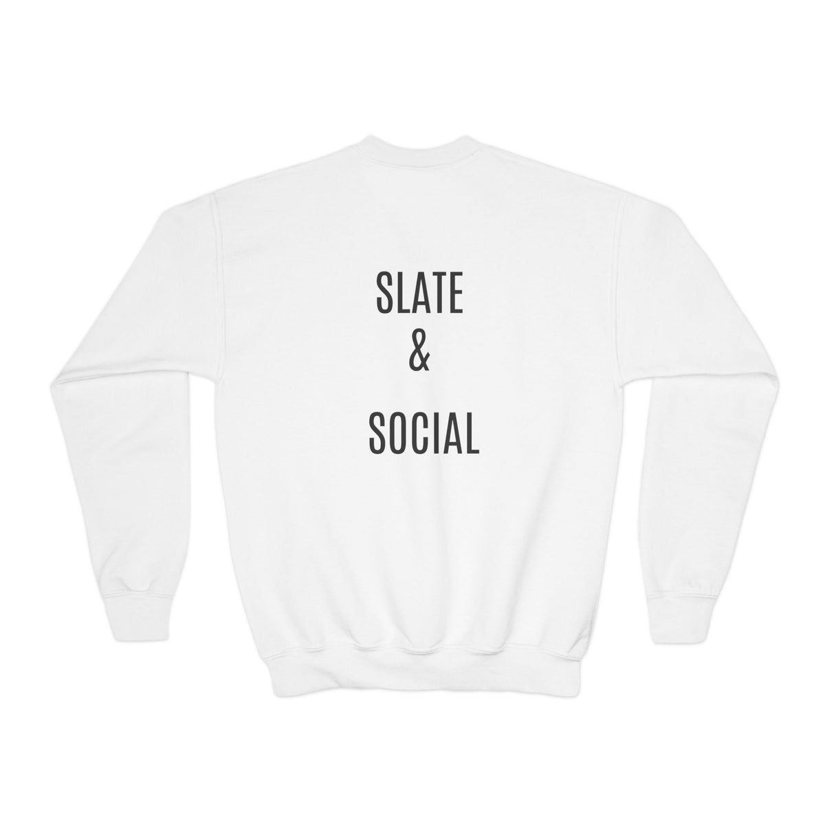 Youth Crewneck Sweatshirt — "School Story, Bro!" Earth Character with Soda | Slate & Social Back