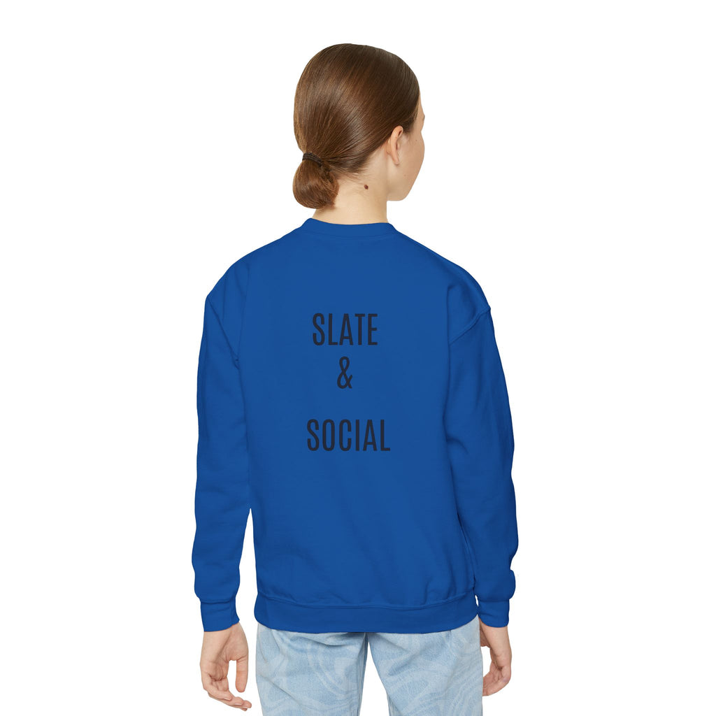 Youth Crewneck Sweatshirt — "School Story, Bro!" Earth Character with Soda | Slate & Social Back