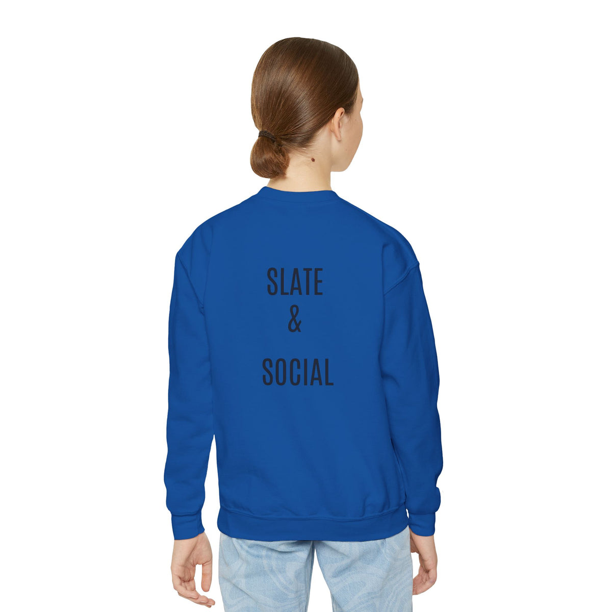 Youth Crewneck Sweatshirt — "School Story, Bro!" Earth Character with Soda | Slate & Social Back