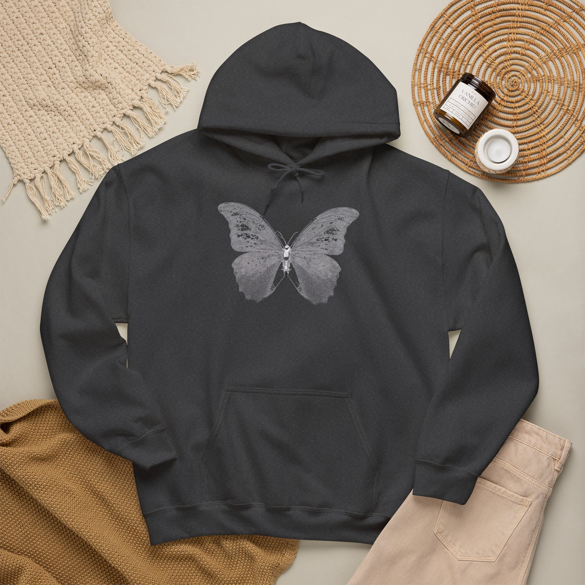 Butterfly Graphic Hoodie — 'Slate & Social' Minimalist White Pullover