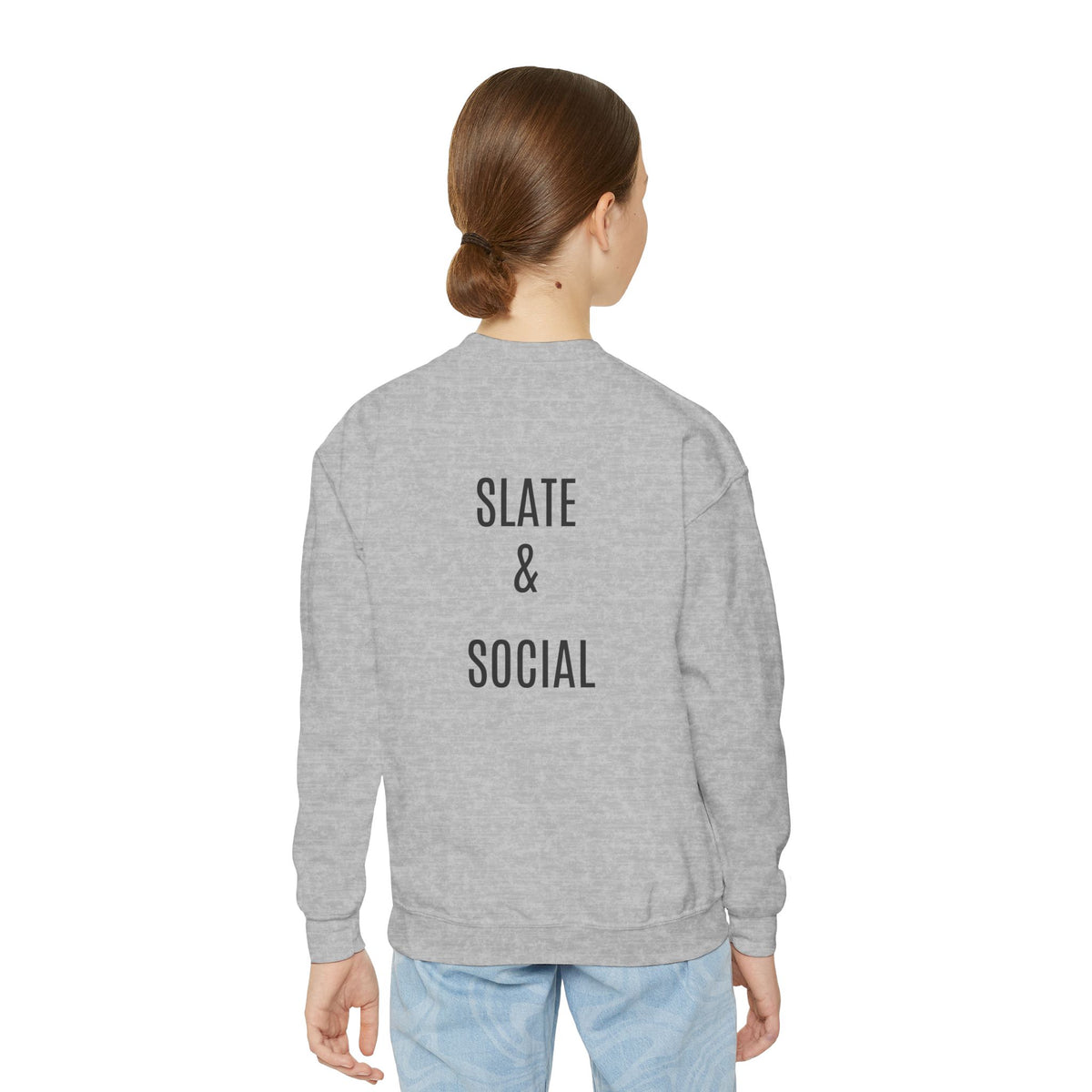 Youth Crewneck Sweatshirt — "School Story, Bro!" Earth Character with Soda | Slate & Social Back