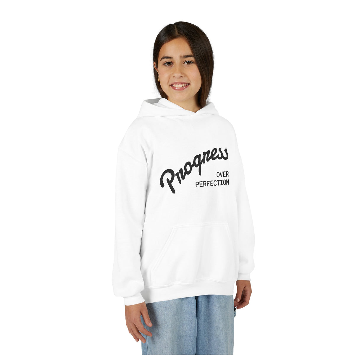 Youth Hoodie — "Progress Over Perfection" Motivational Pullover
