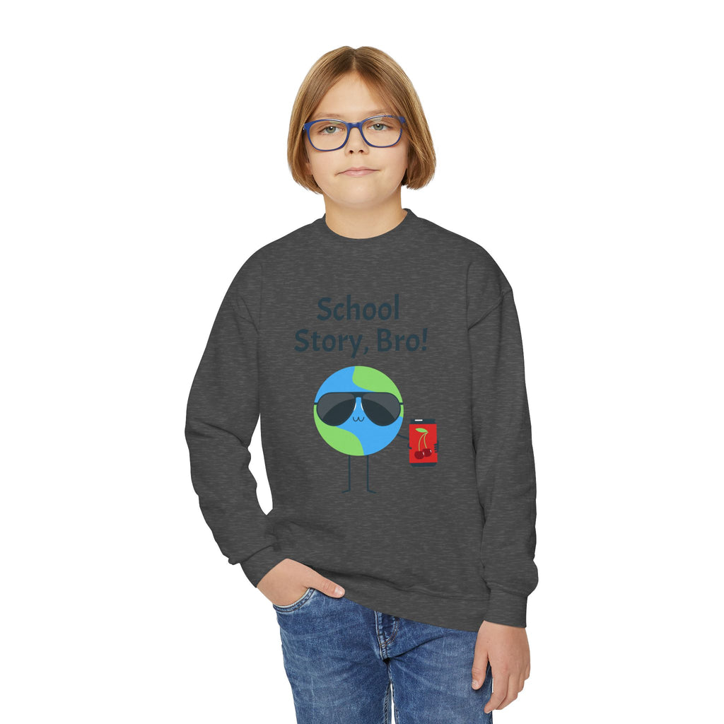 Youth Crewneck Sweatshirt — "School Story, Bro!" Earth Character with Soda | Slate & Social Back