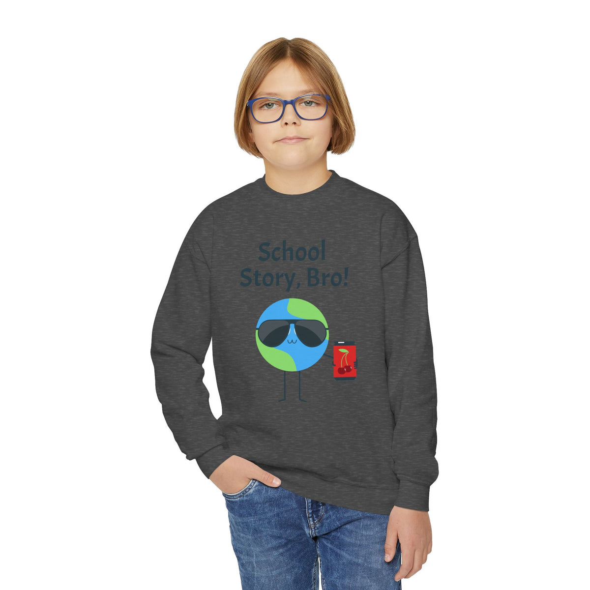 Youth Crewneck Sweatshirt — "School Story, Bro!" Earth Character with Soda | Slate & Social Back