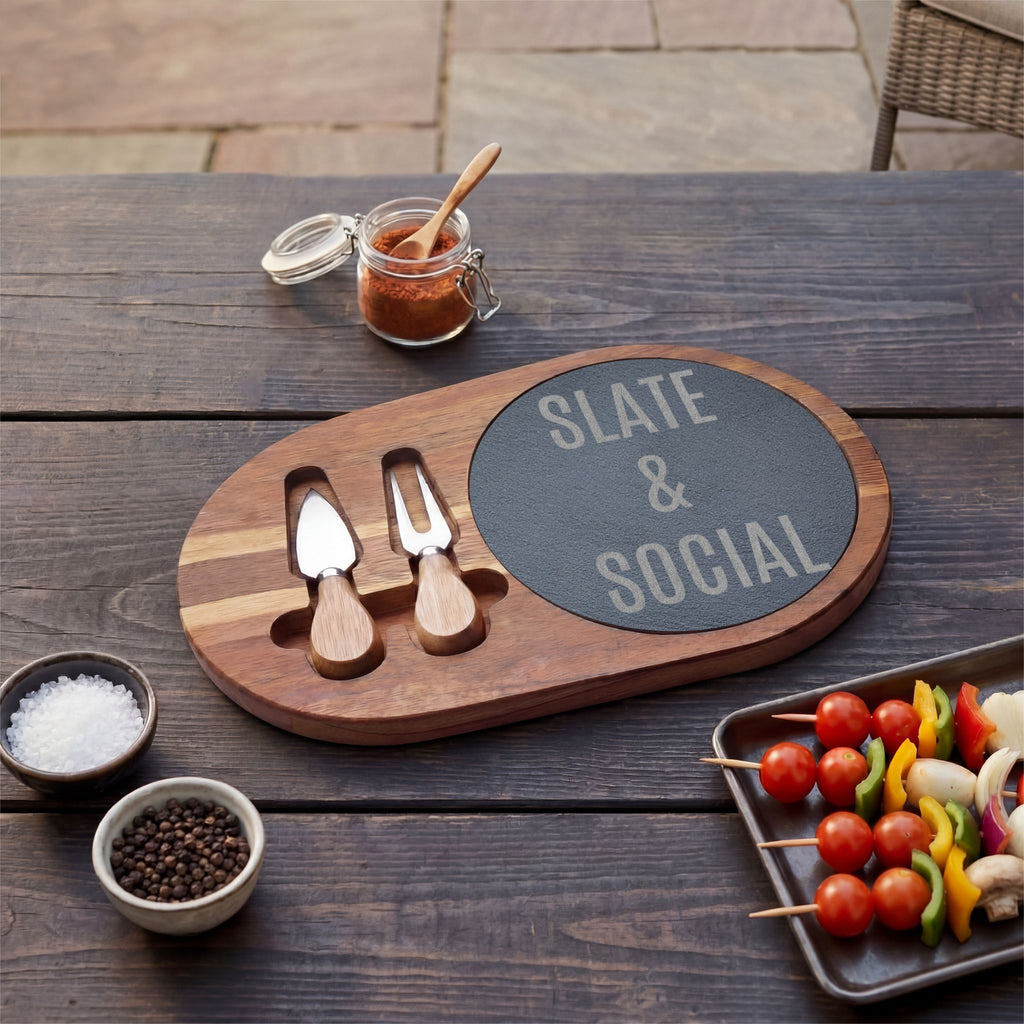 Slate & Social Engraved Charcuterie Board with Cheese Tools