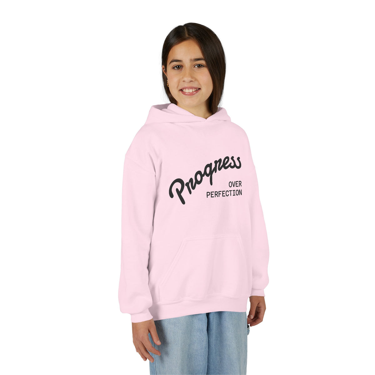 Youth Hoodie — "Progress Over Perfection" Motivational Pullover