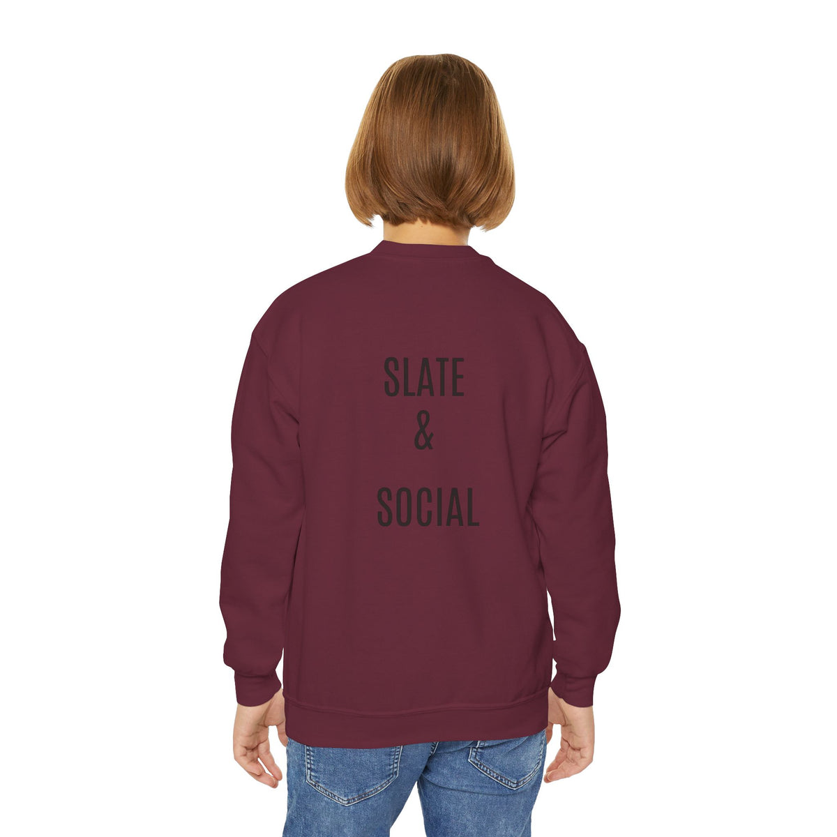 Youth Crewneck Sweatshirt — "School Story, Bro!" Earth Character with Soda | Slate & Social Back