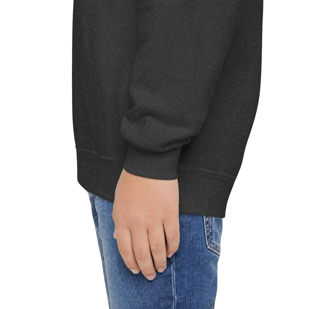 Youth Crewneck Sweatshirt — "School Story, Bro!" Earth Character with Soda | Slate & Social Back