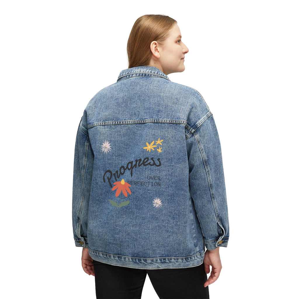 Women's Denim Jacket with Embroidered Progress Floral Design