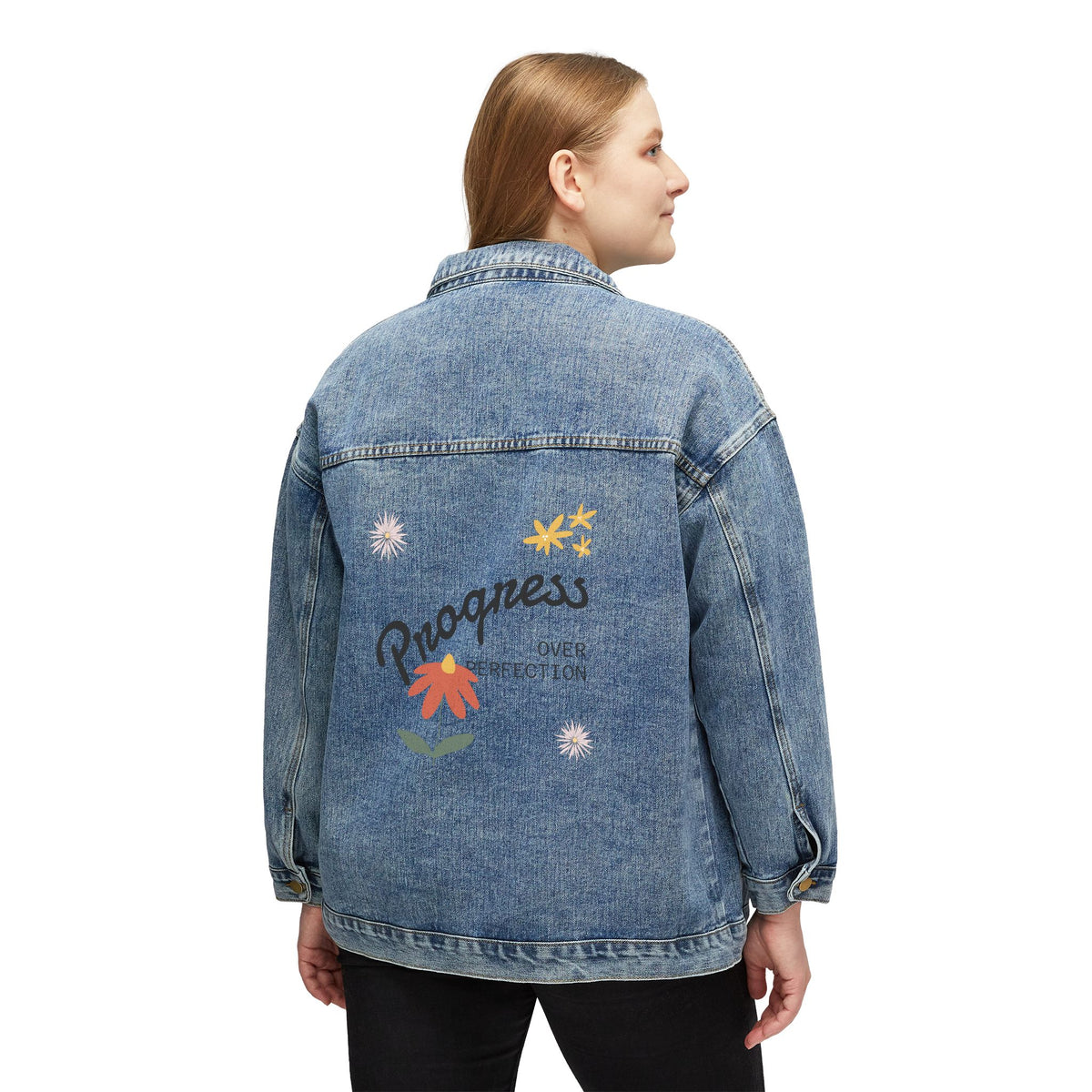 Women's Denim Jacket with Embroidered Progress Floral Design