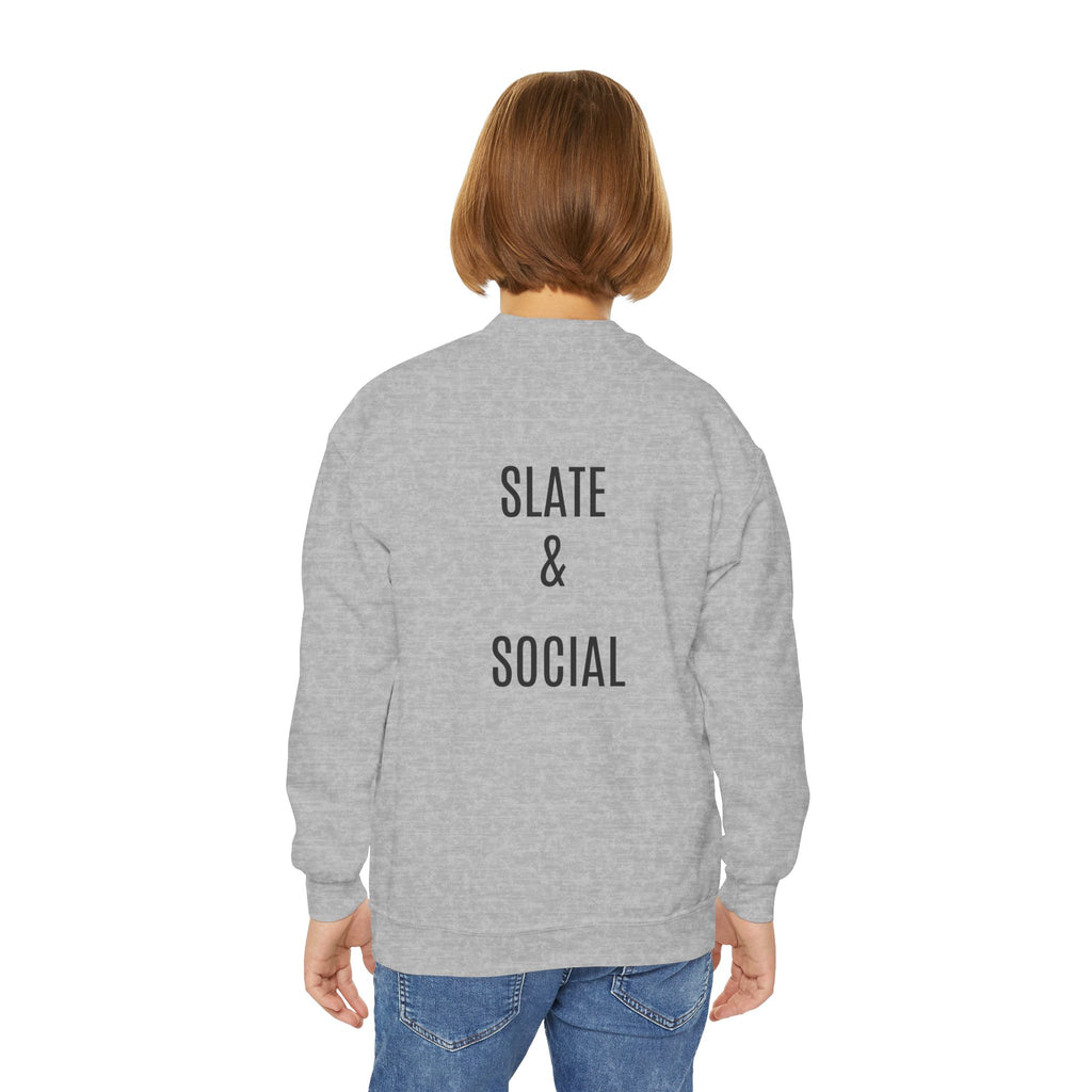 Youth Crewneck Sweatshirt — "School Story, Bro!" Earth Character with Soda | Slate & Social Back