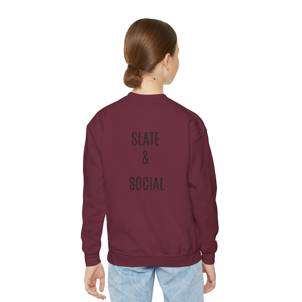 Youth Crewneck Sweatshirt — "School Story, Bro!" Earth Character with Soda | Slate & Social Back