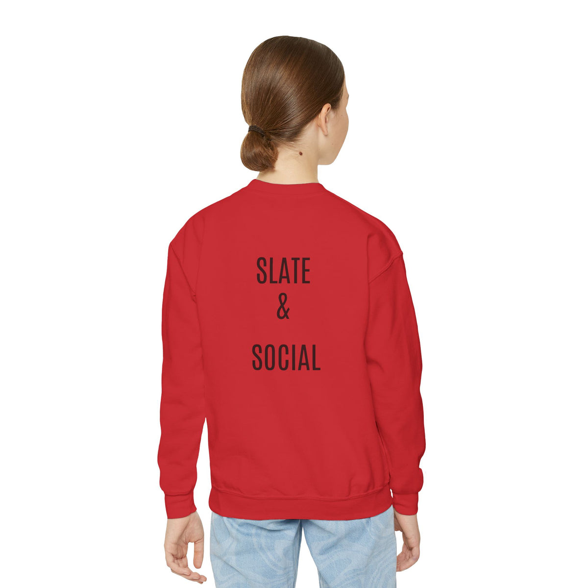Youth Crewneck Sweatshirt — "School Story, Bro!" Earth Character with Soda | Slate & Social Back