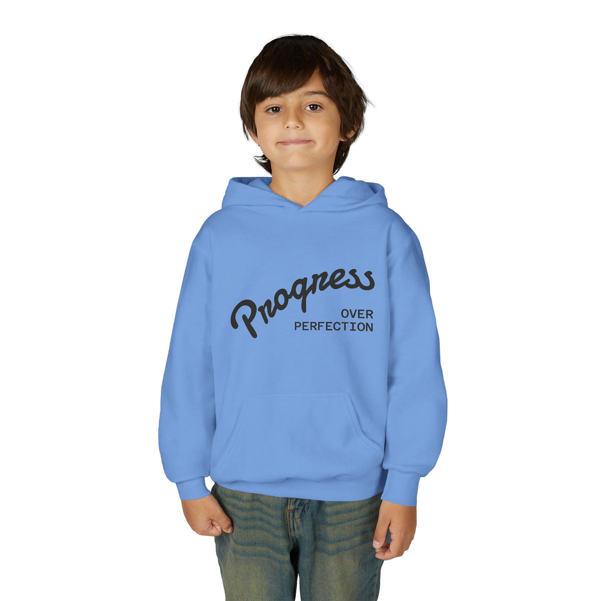 Youth Hoodie — "Progress Over Perfection" Motivational Pullover