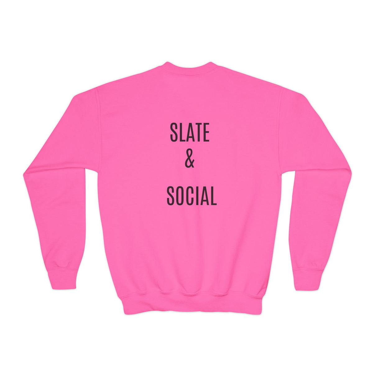 Youth Crewneck Sweatshirt — "School Story, Bro!" Earth Character with Soda | Slate & Social Back