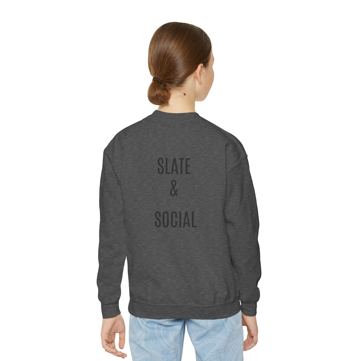 Youth Crewneck Sweatshirt — "School Story, Bro!" Earth Character with Soda | Slate & Social Back