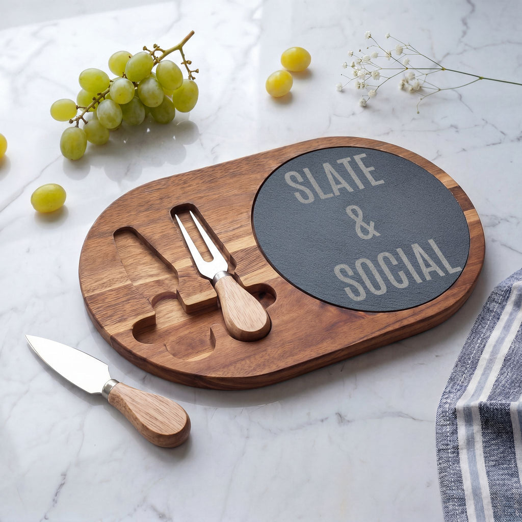 Slate & Social Engraved Charcuterie Board with Cheese Tools