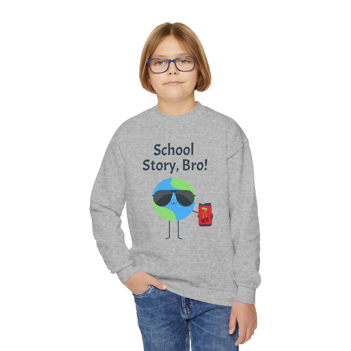 Youth Crewneck Sweatshirt — "School Story, Bro!" Earth Character with Soda | Slate & Social Back