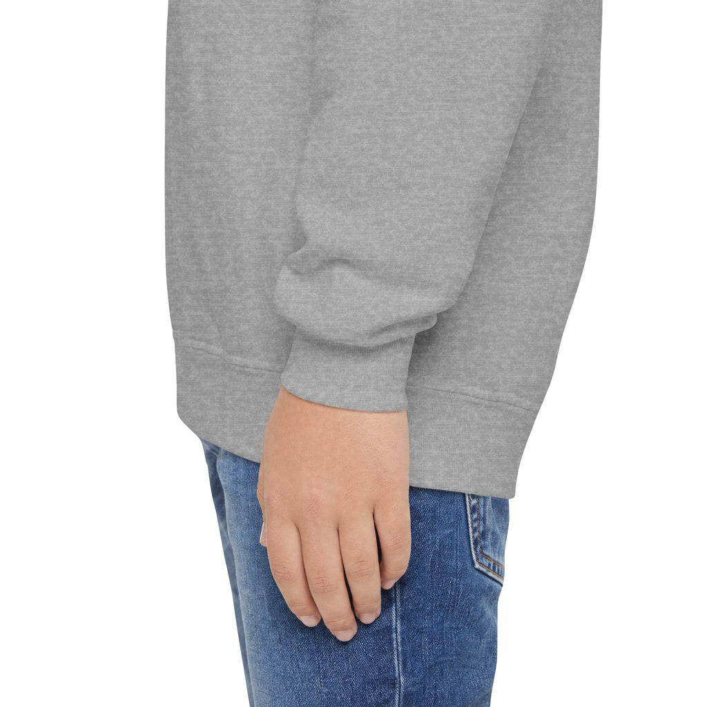 Youth Crewneck Sweatshirt — "School Story, Bro!" Earth Character with Soda | Slate & Social Back