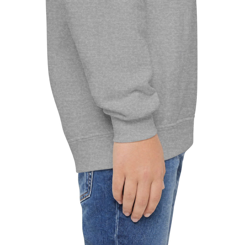 Youth Crewneck Sweatshirt — "School Story, Bro!" Earth Character with Soda | Slate & Social Back