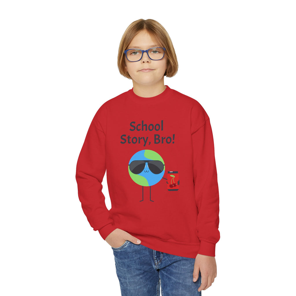 Youth Crewneck Sweatshirt — "School Story, Bro!" Earth Character with Soda | Slate & Social Back