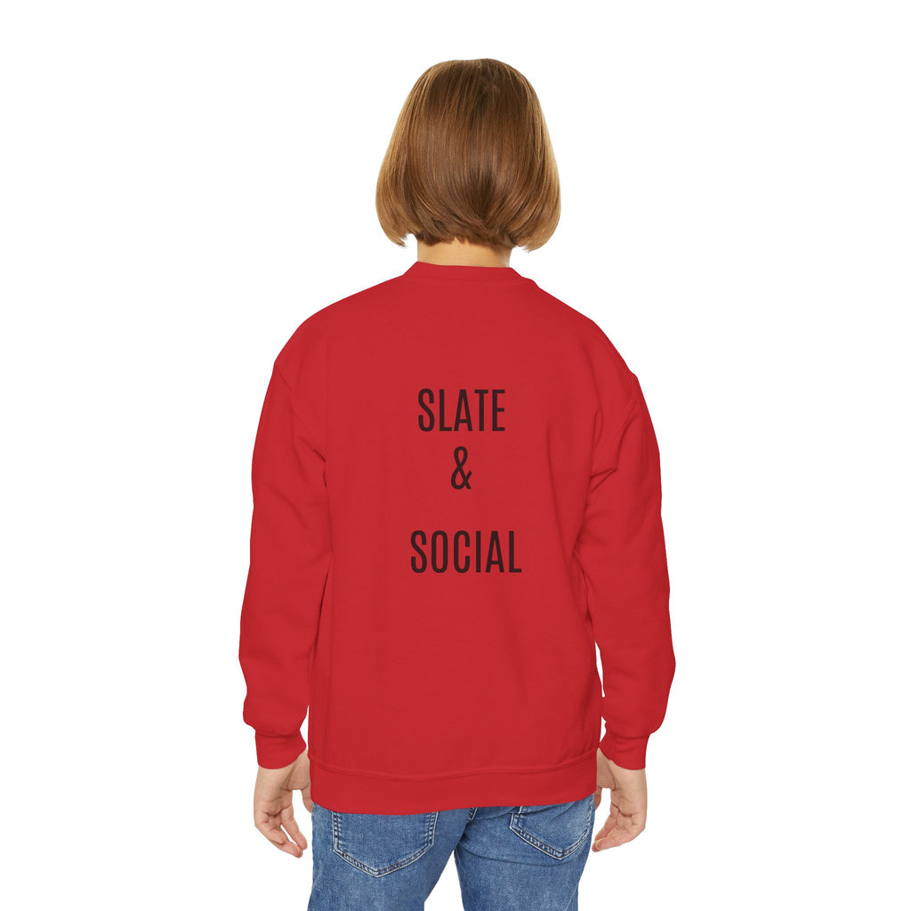 Youth Crewneck Sweatshirt — "School Story, Bro!" Earth Character with Soda | Slate & Social Back