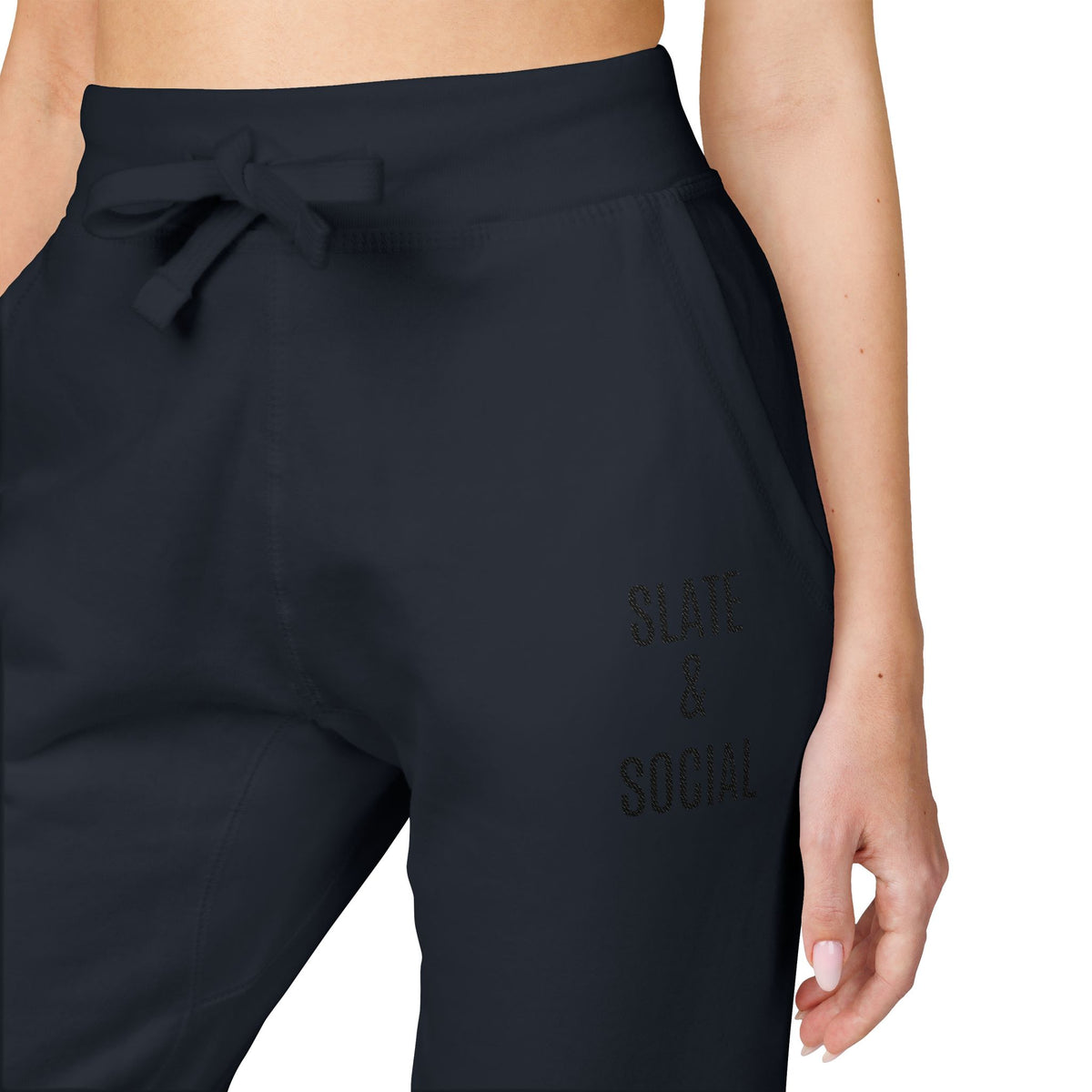 Embroidered 'Slate & Social' Fleece Sweatpants — Cozy Casual Joggers