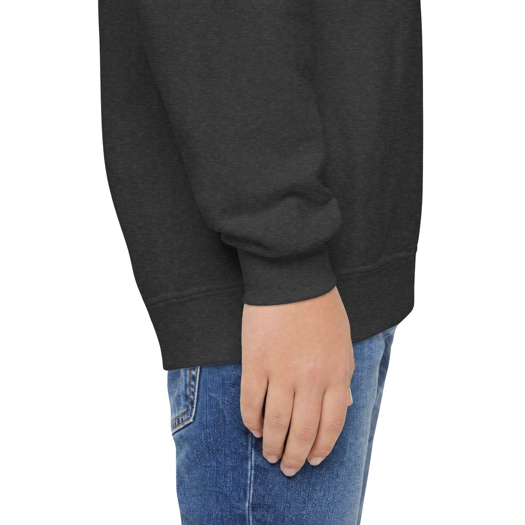 Youth Crewneck Sweatshirt — "School Story, Bro!" Earth Character with Soda | Slate & Social Back