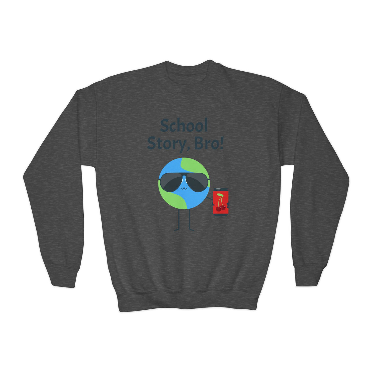 Youth Crewneck Sweatshirt — "School Story, Bro!" Earth Character with Soda | Slate & Social Back