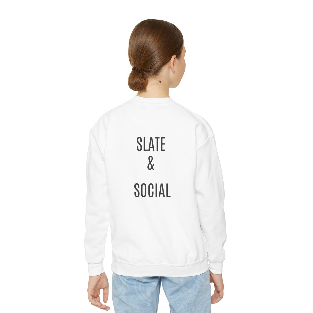 Youth Crewneck Sweatshirt — "School Story, Bro!" Earth Character with Soda | Slate & Social Back