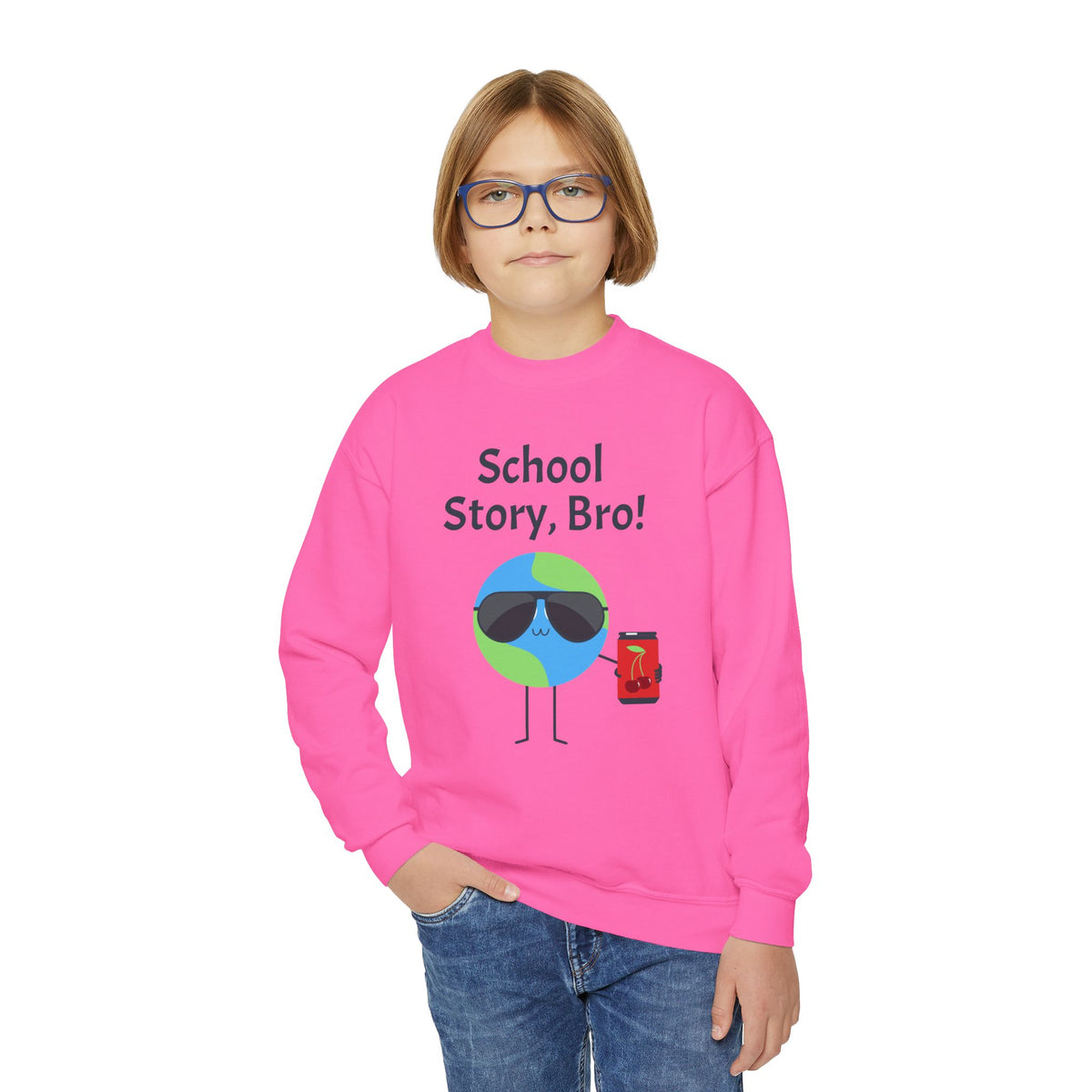 Youth Crewneck Sweatshirt — "School Story, Bro!" Earth Character with Soda | Slate & Social Back