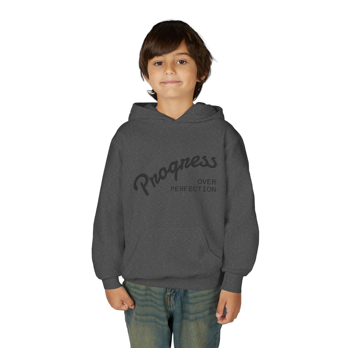Youth Hoodie — "Progress Over Perfection" Motivational Pullover
