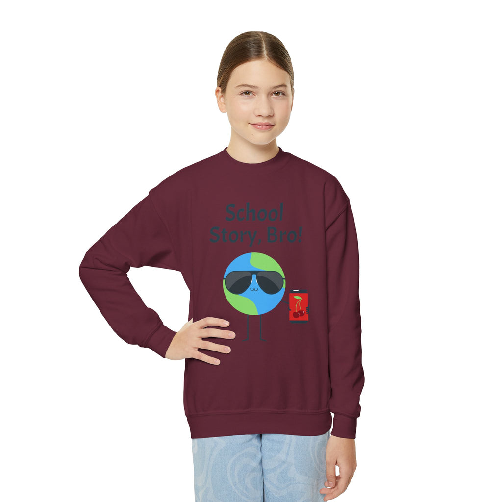 Youth Crewneck Sweatshirt — "School Story, Bro!" Earth Character with Soda | Slate & Social Back