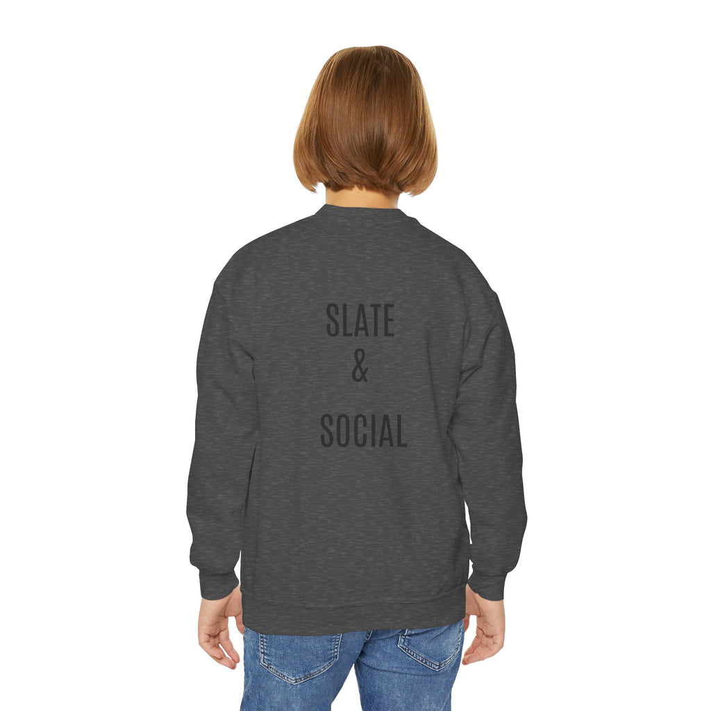 Youth Crewneck Sweatshirt — "School Story, Bro!" Earth Character with Soda | Slate & Social Back