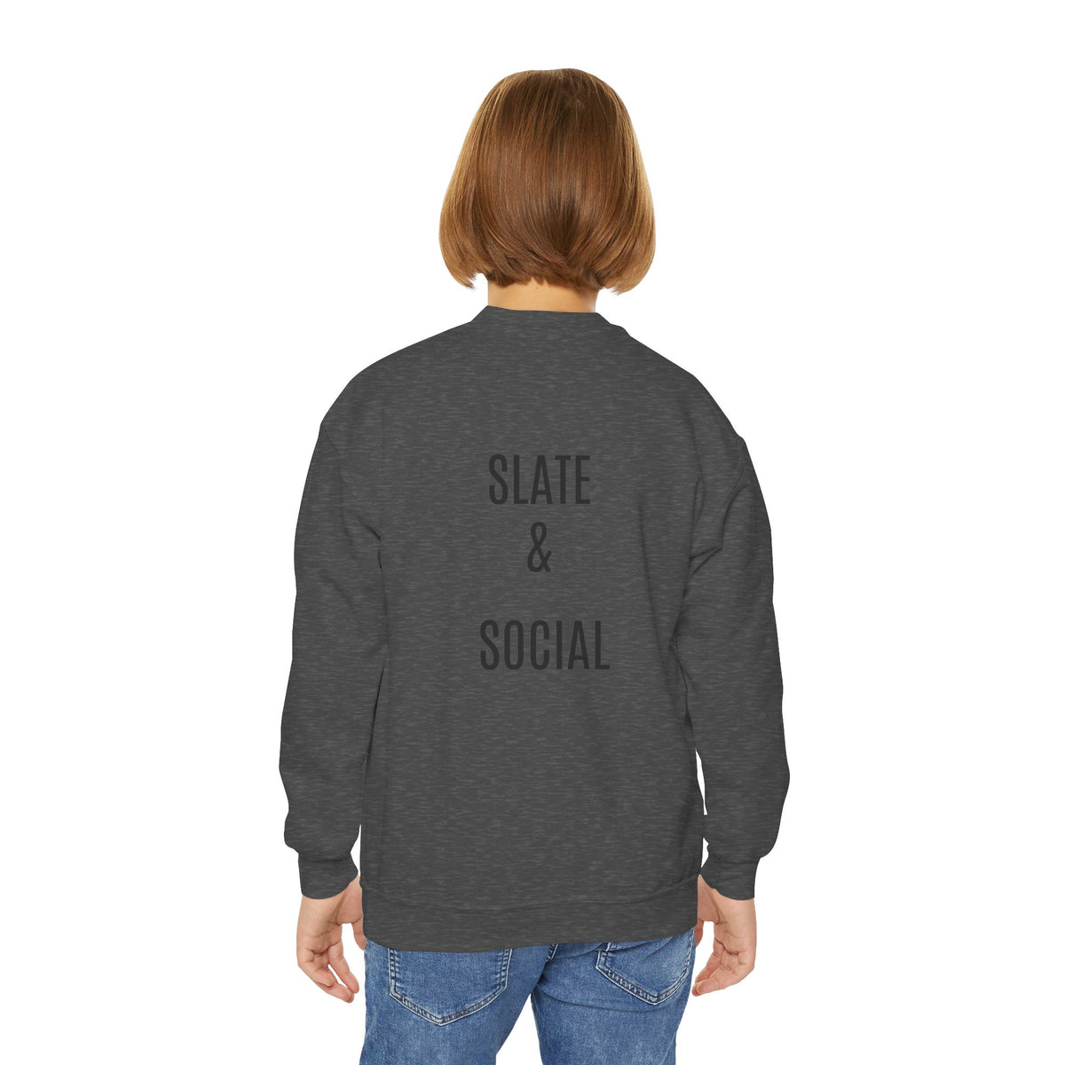 Youth Crewneck Sweatshirt — "School Story, Bro!" Earth Character with Soda | Slate & Social Back