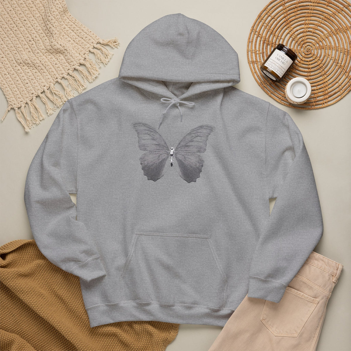 Butterfly Graphic Hoodie — 'Slate & Social' Minimalist White Pullover