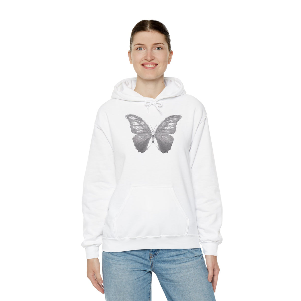 Butterfly Graphic Hoodie — 'Slate & Social' Minimalist White Pullover