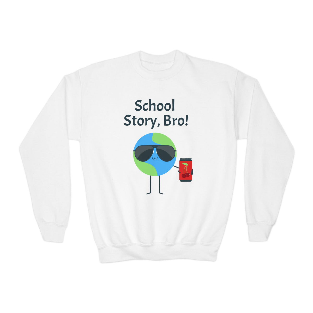 Youth Crewneck Sweatshirt — "School Story, Bro!" Earth Character with Soda | Slate & Social Back