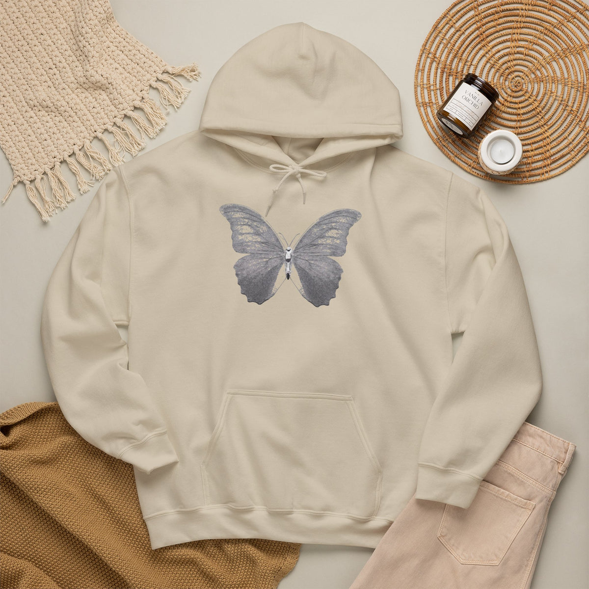 Butterfly Graphic Hoodie — 'Slate & Social' Minimalist White Pullover